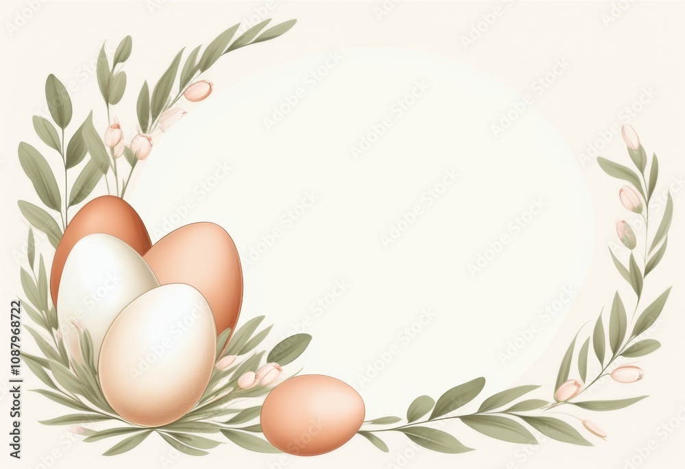 Zarte Osterillustration mit dekorativen Eiern, Blumen und Zweigen in der linken unteren Ecke, heller Hintergrund mit großzügigem Textfreiraum. Elegantes Frühlingsdesign. Generative KI. Zarte Osterillustration mit dekorativen Eiern, Blumen und Zweigen in der linken unteren Ecke, heller Hintergrund mit großzügigem Textfreiraum. Elegantes Frühlingsdesign. Generative KI.