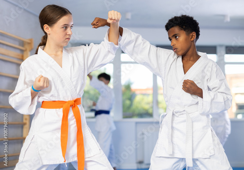 Karate training - girl and boy of different nationalities in pairs exercising karate movements during group training photo