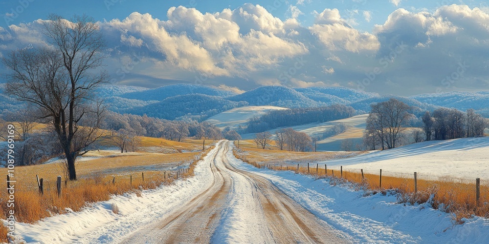 A snowy country road winds through a picturesque winter landscape, with snow-capped hills and a bright blue sky. A snowy country road winds through a picturesque winter landscape, with snow-capped hills and a bright blue sky.