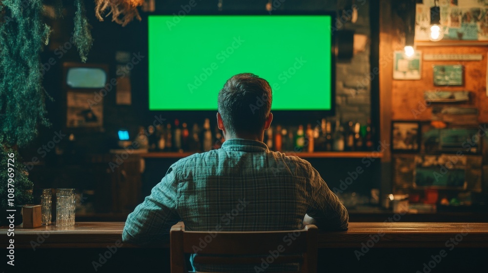 person from behind watching tv with green screen at home person from behind watching tv with green screen at home