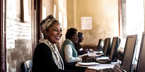 Empowered Women in Tech: A radiant woman smiles confidently while working on a computer, surrounded by her colleagues in a vibrant tech hub.  The image exudes strength, collaboration, and progress. 