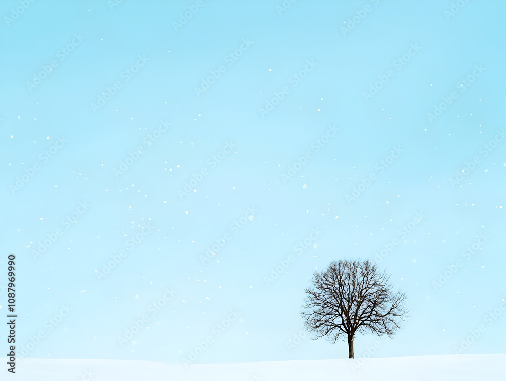 A minimalist winter landscape with a lone tree and falling snowflakes against a pale blue sky, evoking peace and tranquility. A tranquil winter scene.
A minimalist winter landscape with a lone tree and falling snowflakes against a pale blue sky, evoking peace and tranquility. A tranquil winter scene.