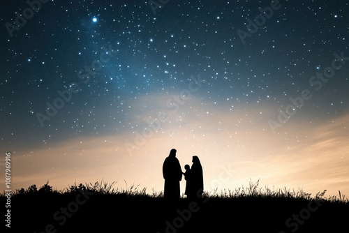 religious christmas art, silhouette of holy family under starry sky on blank white canvas with space for text