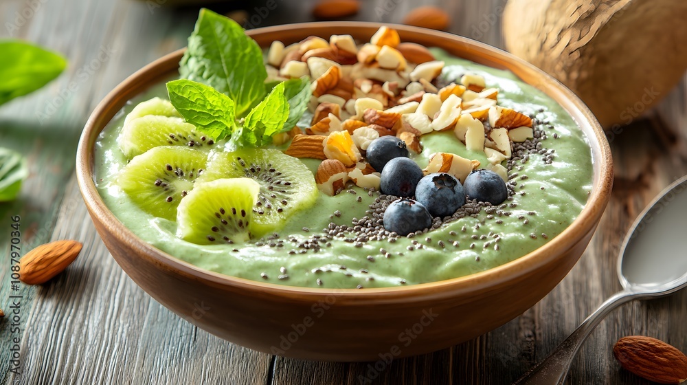 Color-harmonized smoothie bowl with fruit and nuts Color-harmonized smoothie bowl with fruit and nuts