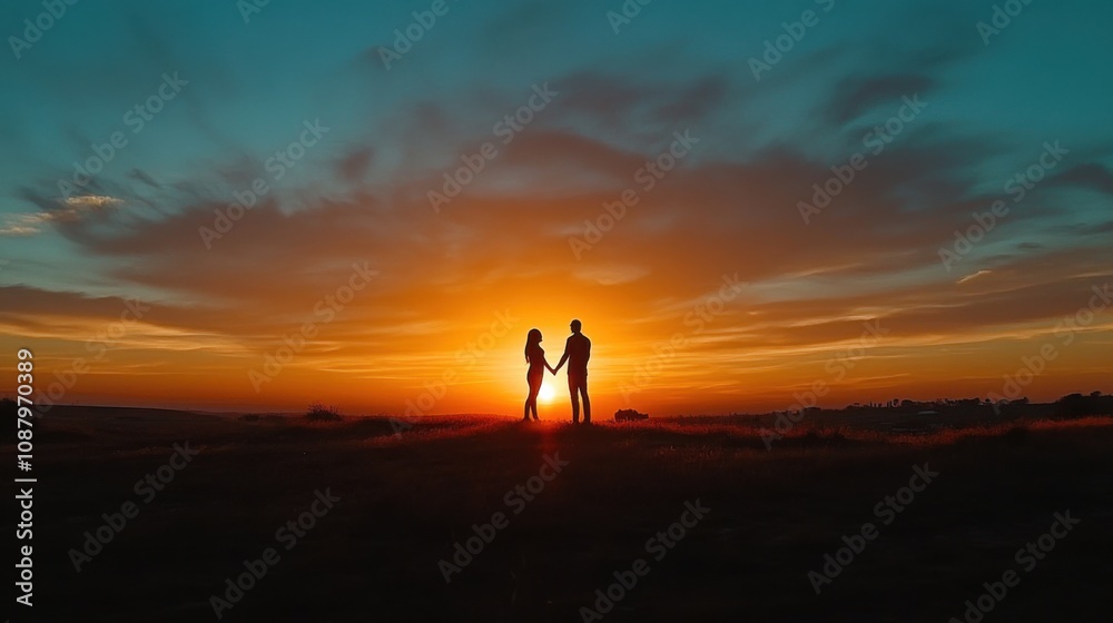 Heart-shaped silhouette of two people holding hands at sunset during a romantic getaway Heart-shaped silhouette of two people holding hands at sunset during a romantic getaway