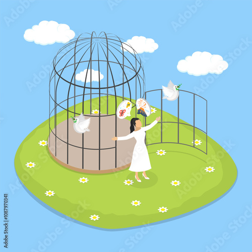 3D Isometric Flat Vector Illustration of Breaking Free, Achieving Independence And Liberty Through Hard Work And Perseverance