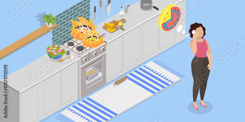 3D Isometric Flat Vector Illustration of Household Trouble, Woman In Kitchen On Phone Unaware Of Fire Starting