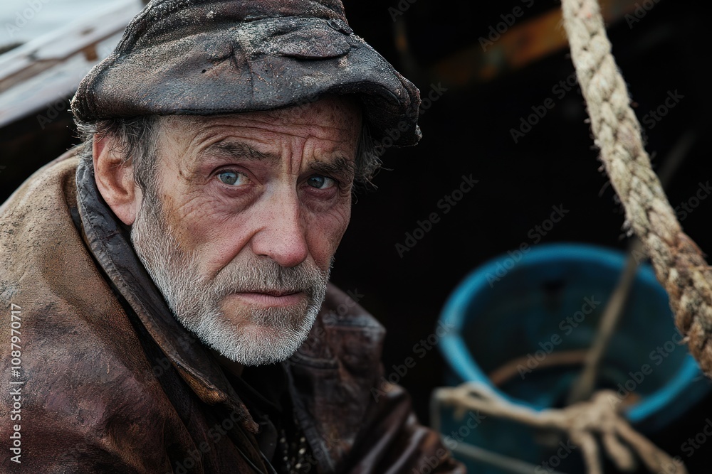 A weathered fisherman with piercing blue eyes stares intently at the camera, his face etched with years of toil at sea.