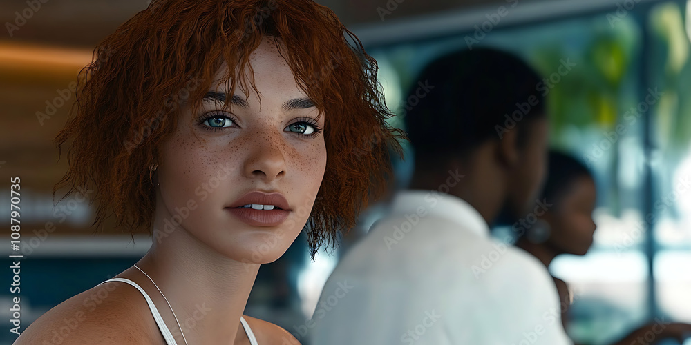 Naklejka premium Captivating Gaze: A close-up portrait of a young woman with auburn hair and piercing blue eyes, exuding confidence and allure in a casual setting. Her gaze draws you in.