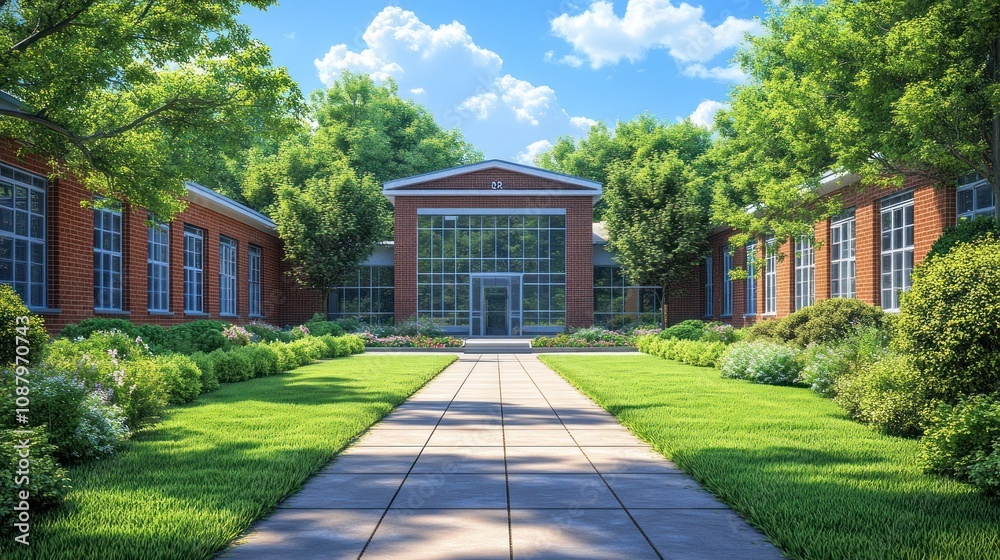 Fototapeta premium A serene pathway leading to a modern building surrounded by greenery.