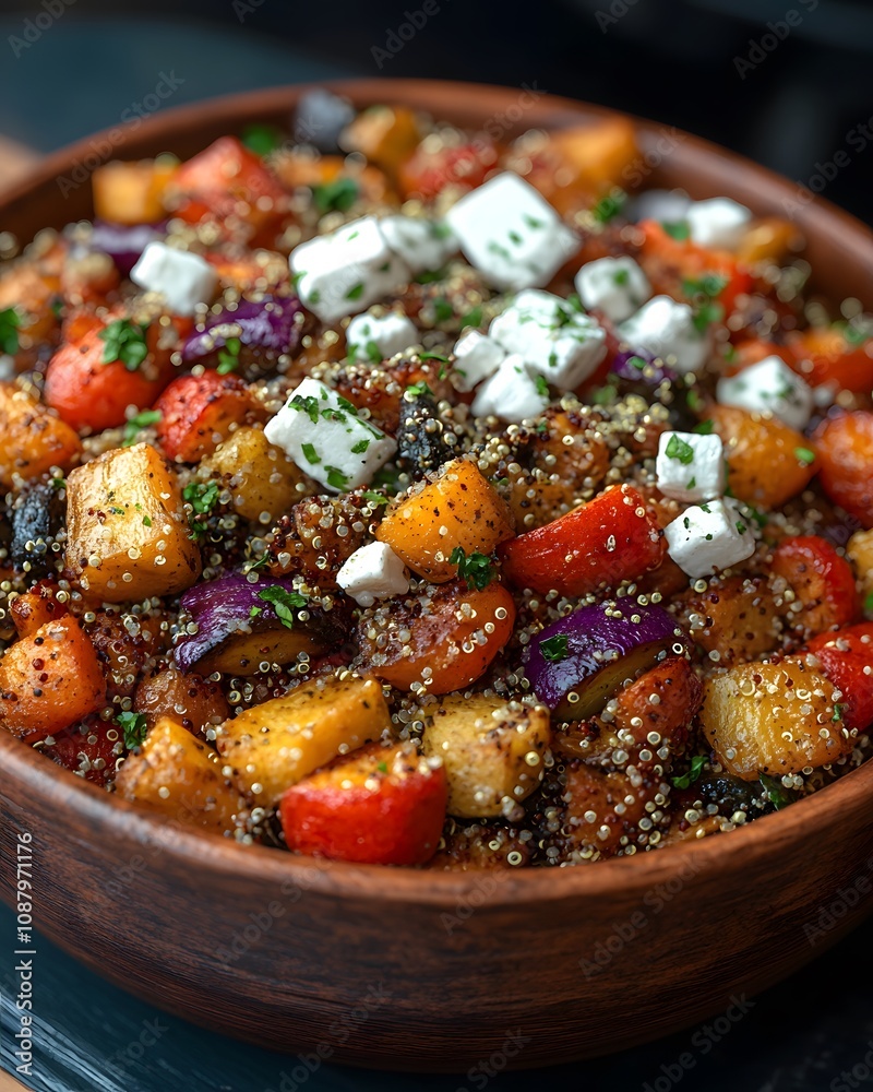 A colorful quinoa salad with roasted vegetables and feta cheese in a wooden bowl. A colorful quinoa salad with roasted vegetables and feta cheese in a wooden bowl.