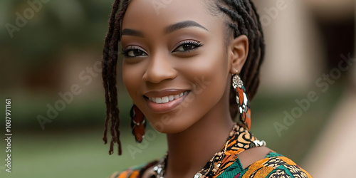 Radiance and Confidence: A close-up portrait of a beautiful Black woman with locs, radiating confidence and natural beauty, against a blurred green background. Her smile is infectious.