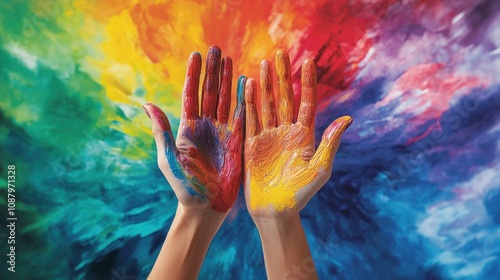 Painted Hands Against Colorful Background