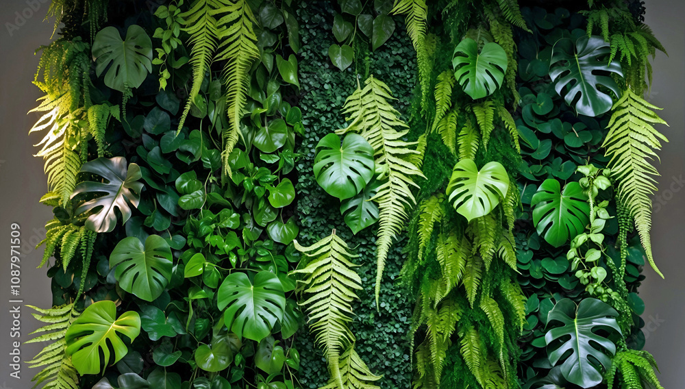 Fototapeta premium Lush Vertical Garden Wall Featuring Vibrant Green Monstera Leaves Ferns And Tropical Foliage Arranged In A Dense Natural Display