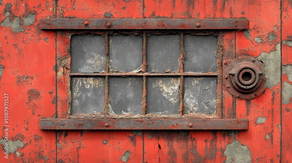 Naklejka premium Rusted red door with small, barred window and metal fitting.