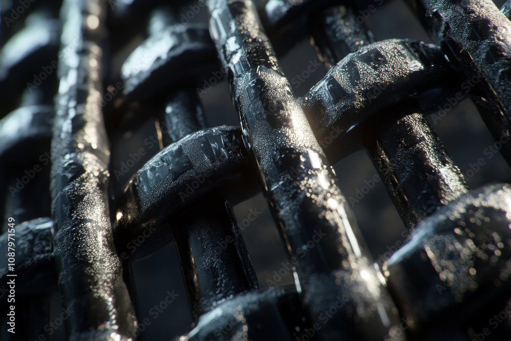 Close up of wet, metallic chain link fence with glistening light Close up of wet, metallic chain link fence with glistening light