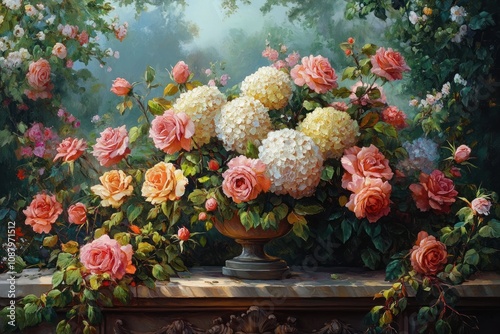 Wallpaper Mural A painting of a vase filled with pink, white, and yellow roses and hydrangeas. Torontodigital.ca