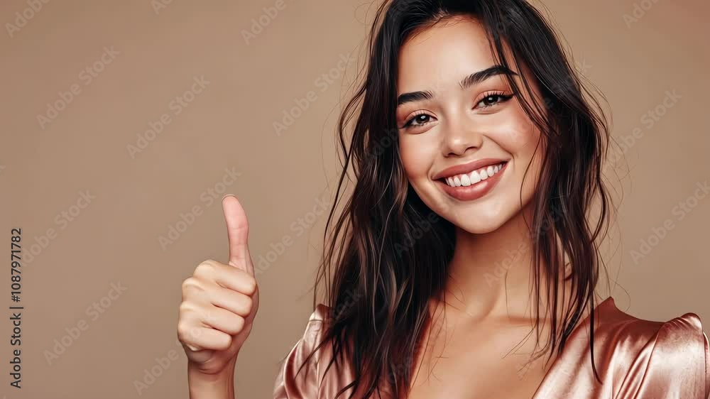 A woman is smiling and giving a thumbs up. She is wearing a pink dress and is standing in front of a tan background A woman is smiling and giving a thumbs up. She is wearing a pink dress and is standing in front of a tan background