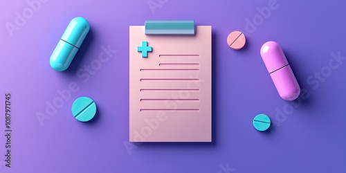 A colorful illustration featuring capsules and a blank prescription pad against a vibrant purple backdrop.
