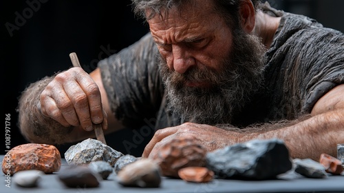 A ruggedly handsome male artist carefully carves stones, showcasing focus and craftsmanship in a dimly lit room. photo