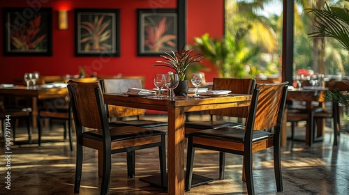 Tropical Restaurant Interior: Sunlit Wooden Table Setting