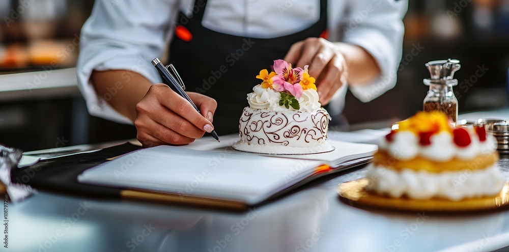 A pastry chef decorates a cake with flowers and designs while sketching in a notebook. A pastry chef decorates a cake with flowers and designs while sketching in a notebook.