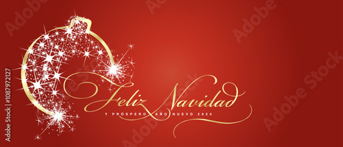 Merry Christmas and Happy New Year 2025 Spanish language greeting card. Beautiful golden light elegant brush script calligraphy typography. Golden white glitter sparkle Christmas ball ornament