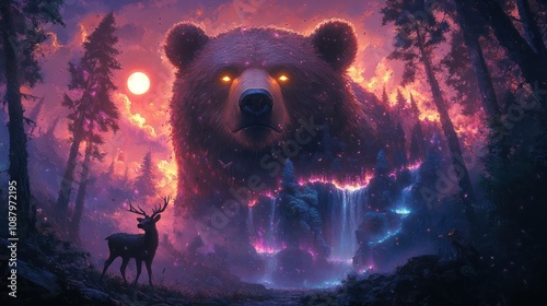 A majestic brown bear with glowing eyes stands tall in a mystical forest setting, with a deer in the foreground, a waterfall, and a glowing moon in the background. photo