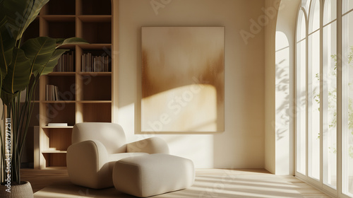 Minimalist reading nook with soft beige chair and sunlight
