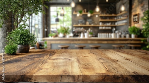 Rustic wooden table in a blurred cafe background.