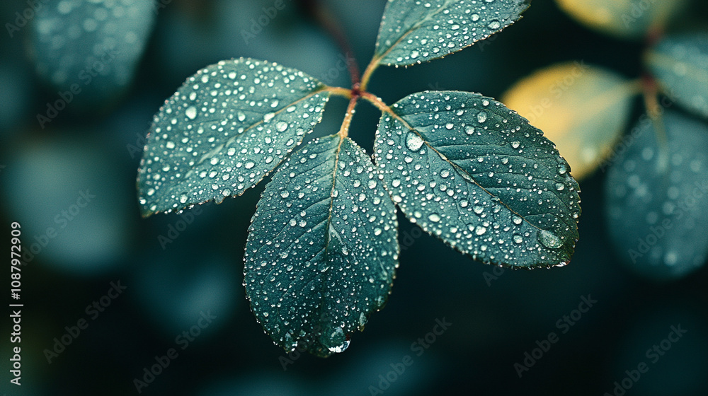 green leaf with water droplets, symbolizing freshness, nature's purity, and the beauty of natural elements under gentle rain or dew in the early morning