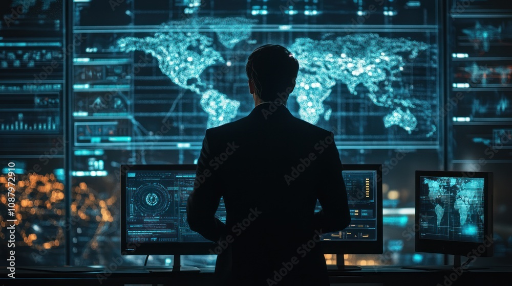 A businessman stands in front of a wall of computer screens displaying a glowing world map and other data, looking at the map. A businessman stands in front of a wall of computer screens displaying a glowing world map and other data, looking at the map.