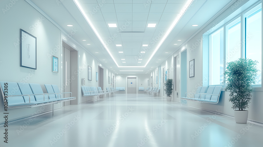 modern hospital hallway with waiting chairs, white walls, and light blue accents. The white ceiling features lighting, and large windows line the right side of the wall. modern hospital hallway with waiting chairs, white walls, and light blue accents. The white ceiling features lighting, and large windows line the right side of the wall.