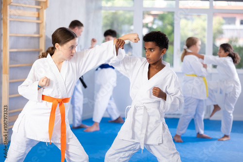 Wallpaper Mural Boy and girl in kimono practicing karate techniques in group in studio.. Torontodigital.ca