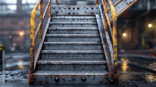 Rusty industrial staircase with yellow railings. photo