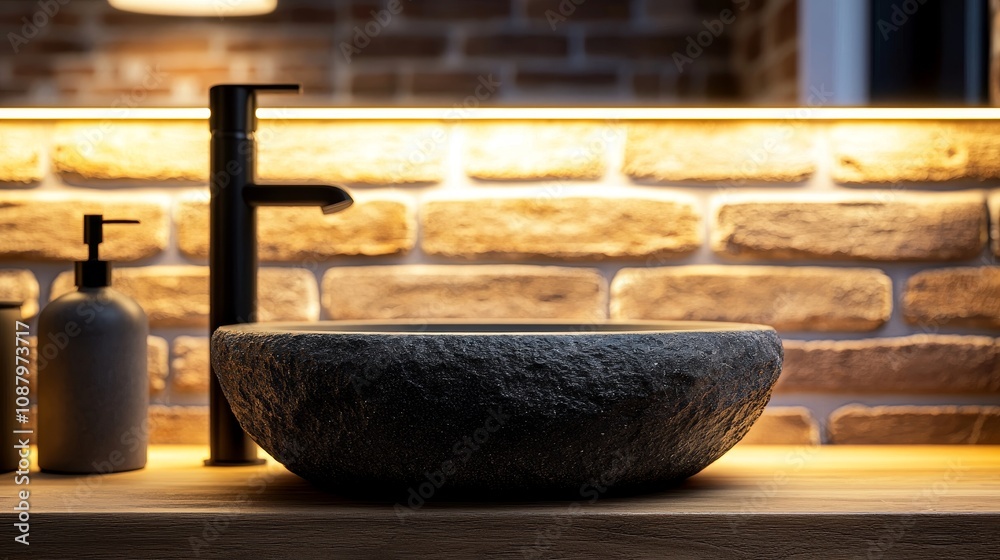 Cozy rustic bathroom with a deep stone basin sink, exposed brick walls, aged wood cabinets, and soft ambient lighting, capturing warmth and earthy charm
