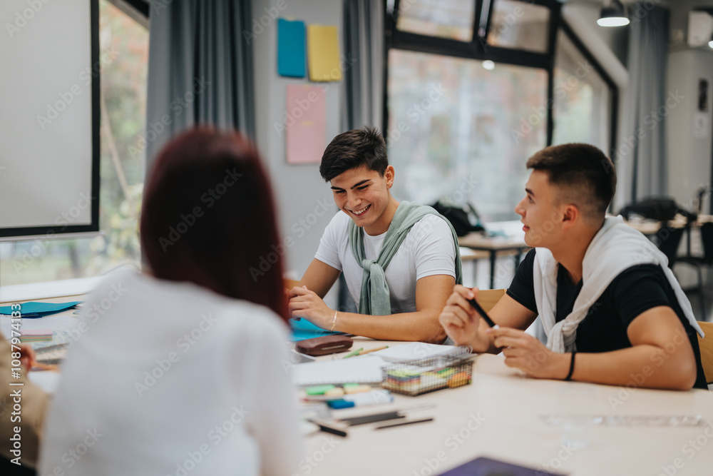 A group of students in a classroom setting, actively participating in a collaborative study session. The atmosphere is lively, emphasizing teamwork, education, and positivity in a school environment. A group of students in a classroom setting, actively participating in a collaborative study session. The atmosphere is lively, emphasizing teamwork, education, and positivity in a school environment.