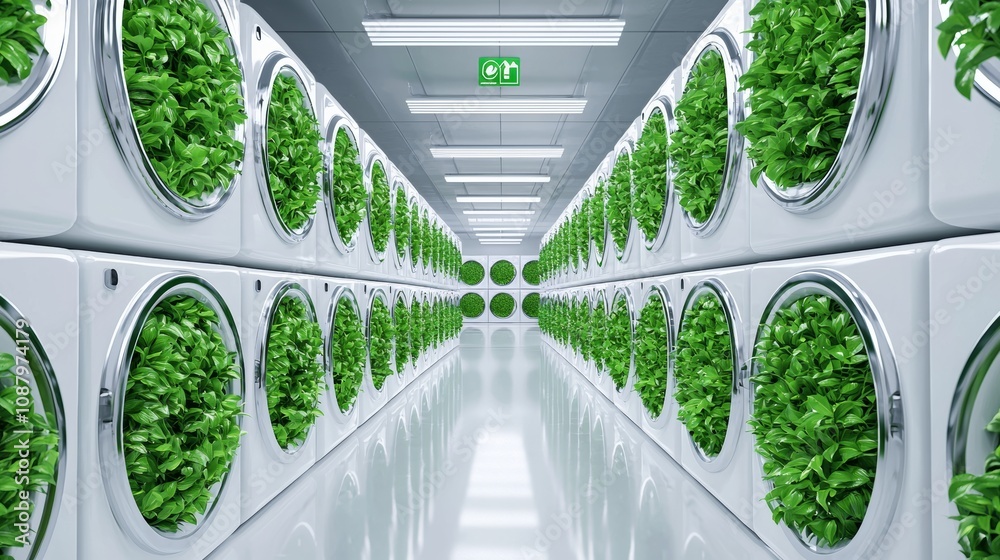 Fototapeta premium Eco-conscious hostel laundry, energy-saving machines, eco-wash posters