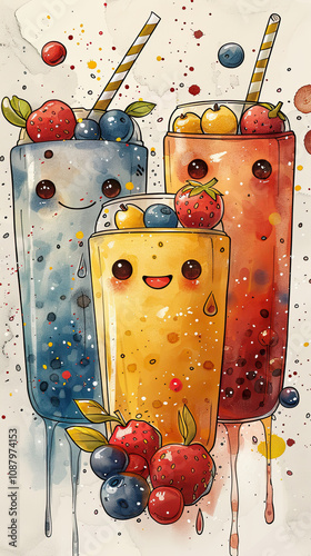 Kawaii Bubble Tea: Colorful Fruit Illustration Design