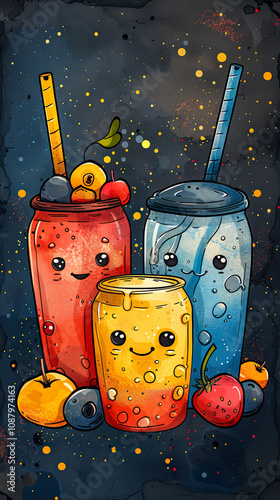 Colorful Bubble Tea Illustration: Cute Kawaii Design with Fruity Flavors