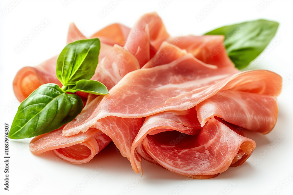 Ham with basil leaves isolated on white background. Ham with basil leaves isolated on white background.