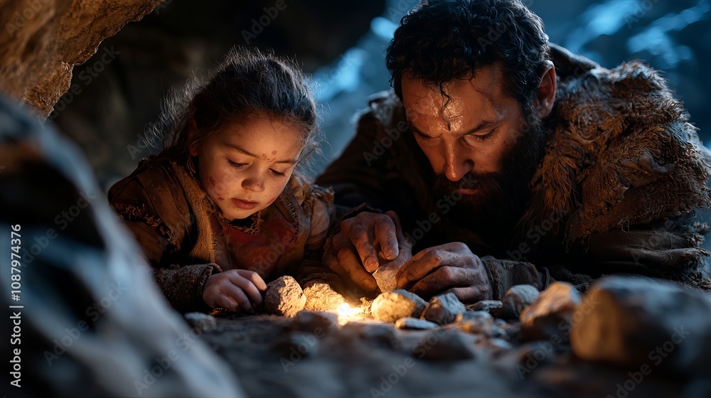 A father and daughter, Caucasian, focus intently on creating fire in a cave setting, showcasing survival skills and connection. A father and daughter, Caucasian, focus intently on creating fire in a cave setting, showcasing survival skills and connection.