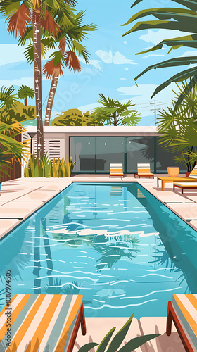 retro la pool scene, an illustration of a swimming pool with chaise lounges, a la house, and a palm tree, capturing s summer vibes in colors photo