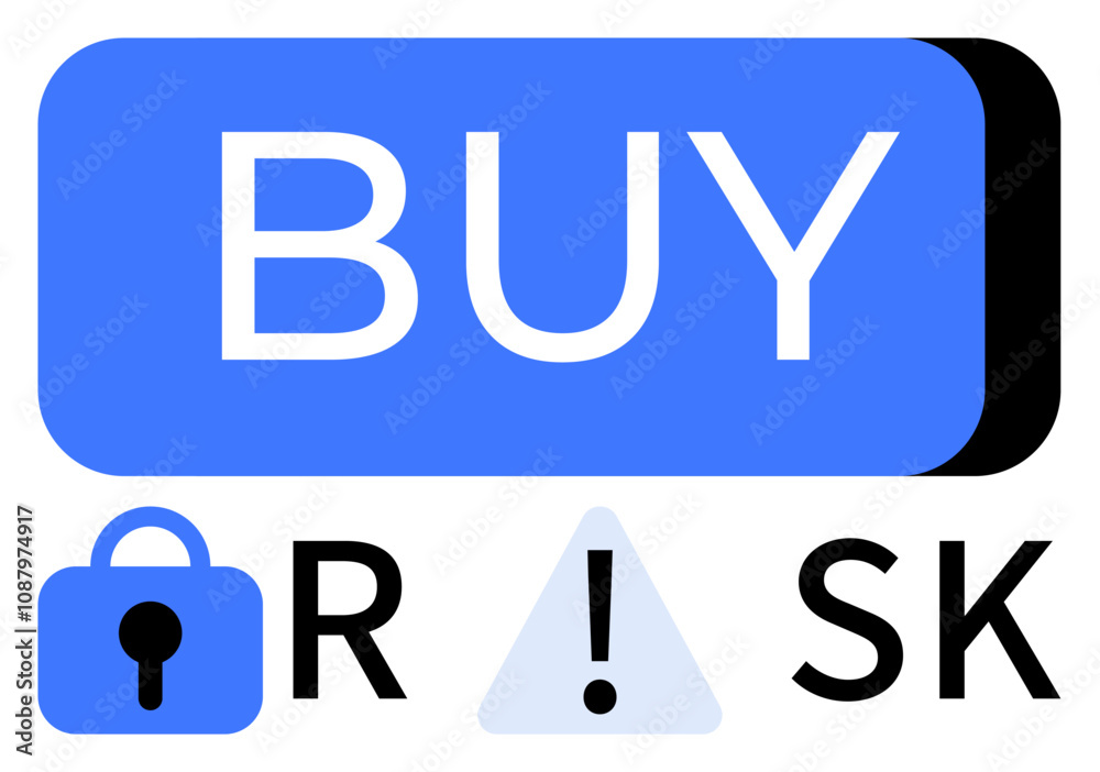 Buy button with padlock and risk warning symbols highlighting decision dilemmas and caution in choices. Ideal for finance, online shopping, cybersecurity, risk management, decision-making processes Buy button with padlock and risk warning symbols highlighting decision dilemmas and caution in choices. Ideal for finance, online shopping, cybersecurity, risk management, decision-making processes
