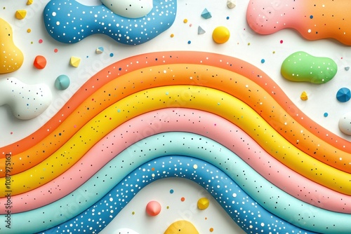 A colorful rainbow made of glittery goo with scattered shapes on a white background. photo