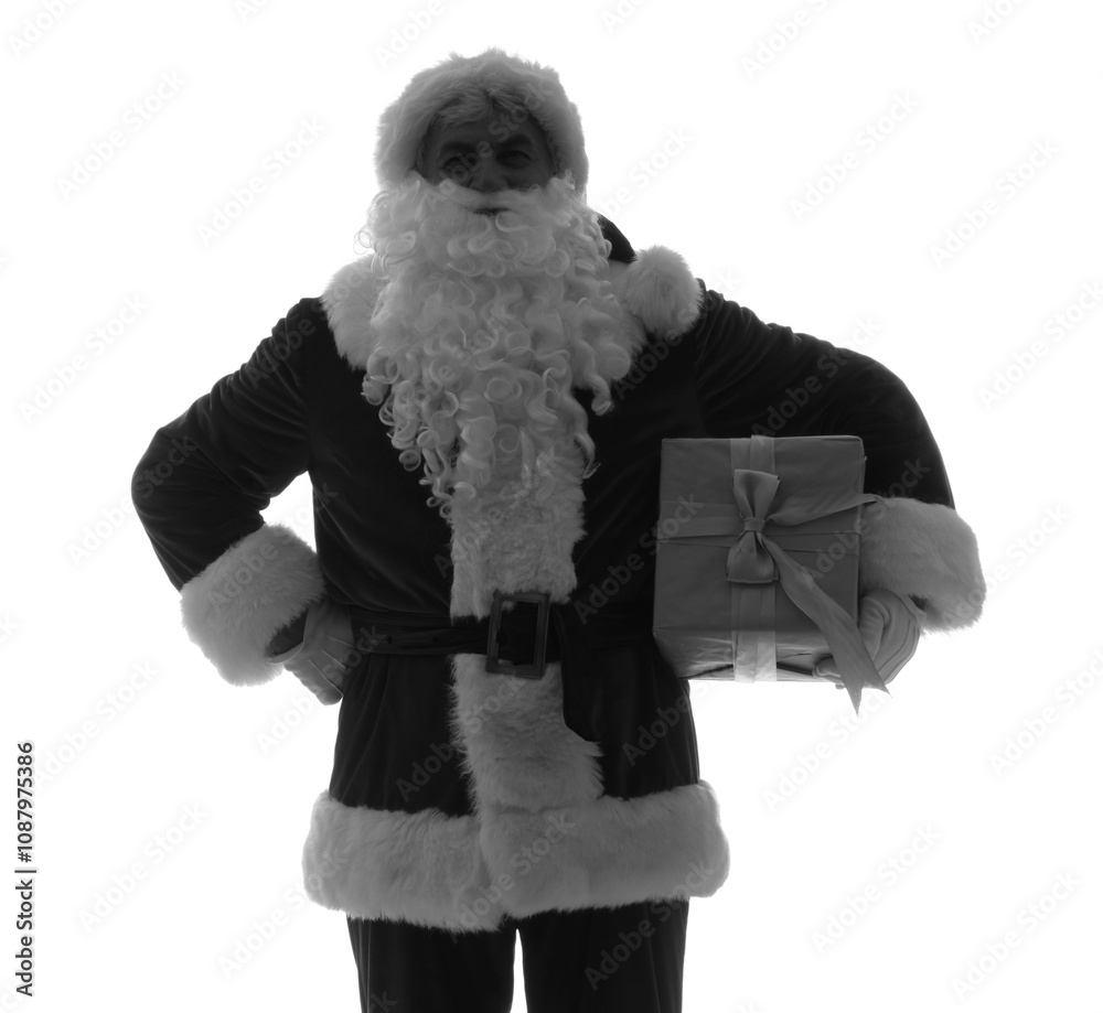 Obraz premium Silhouette of Santa Claus with Christmas gift on white background