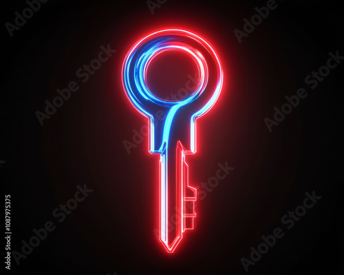 Glowing key with neon lights on dark background