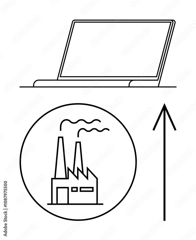 Laptop screen, factory with smokestacks in a circle, and upward arrow. Ideal for business growth, industrial development, technology progress, manufacturing, productivity increase, economic analysis Laptop screen, factory with smokestacks in a circle, and upward arrow. Ideal for business growth, industrial development, technology progress, manufacturing, productivity increase, economic analysis