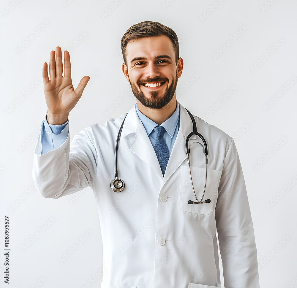 Happy, smiling male doctor waving, full-body shot, white background Happy, smiling male doctor waving, full-body shot, white background