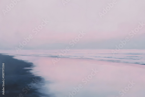 Serene Transcendent Pink Beach Landscape at Dusk with Gentle Waves and Reflections